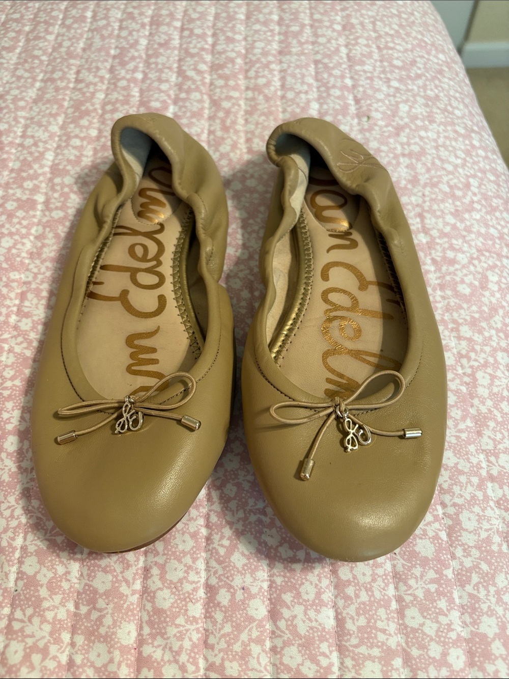 Sam Edelman Tan Leather Ballet Flats with Bow Accent